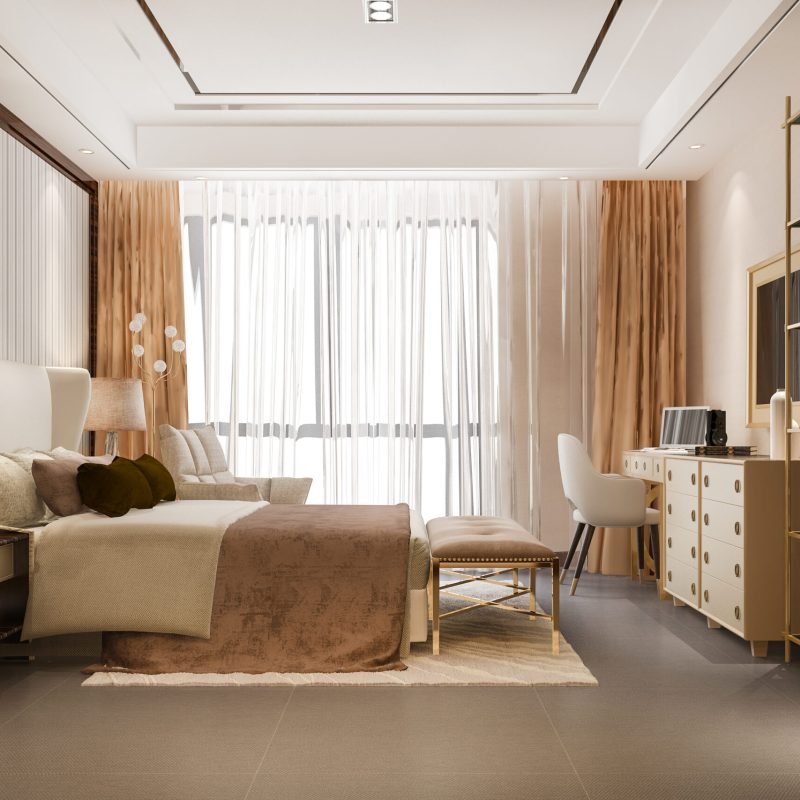 3d rendering beautiful luxury bedroom suite in hotel with tv and shelf